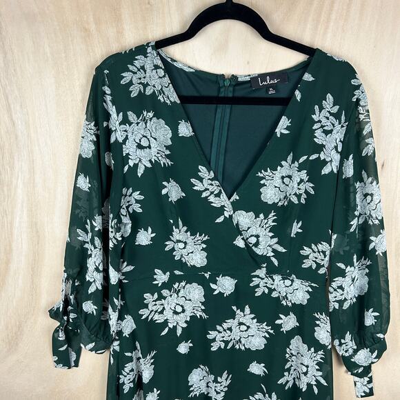 LuLu's Green White Floral Mini Dress XL Long Sleeve Bow Detail Fall - Picture 4 of 7